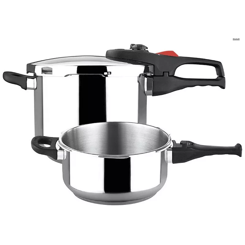 Olla a presión Magefesa Practika Plus 6+4L de acero inoxidable para inducción con tapa de seguridad y diseño ergonómico.