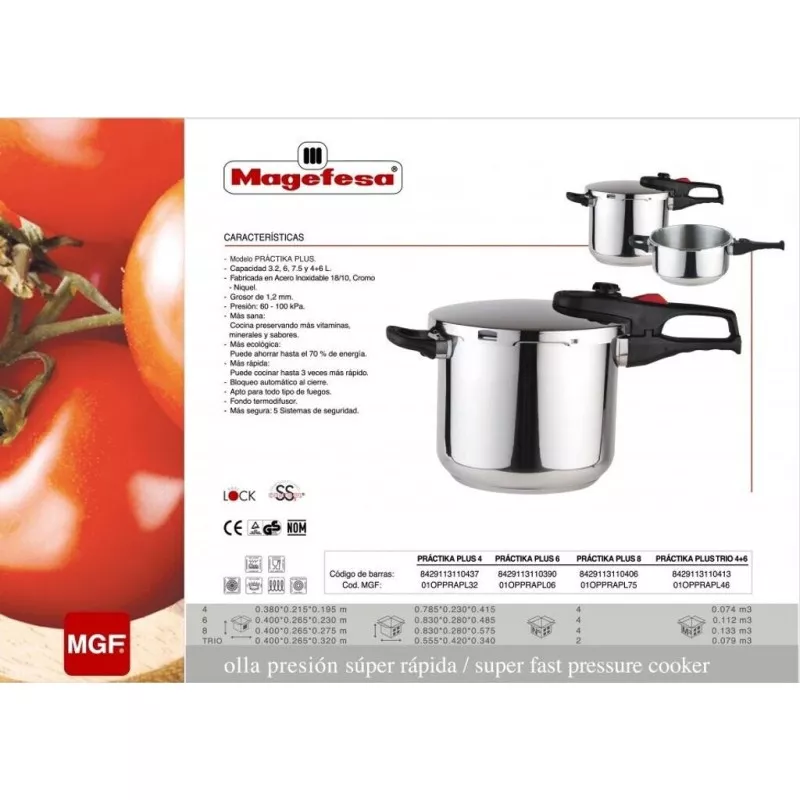 Olla a presión Magefesa Practika Plus 3,2L inducción de acero inoxidable con diseño ergonómico y válvula de seguridad.