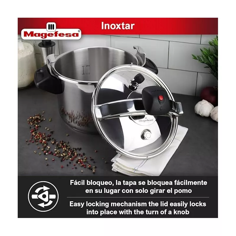 Olla a presión Magefesa Inoxtar 10L de acero inoxidable para inducción con tapa de bloqueo fácil y segura.