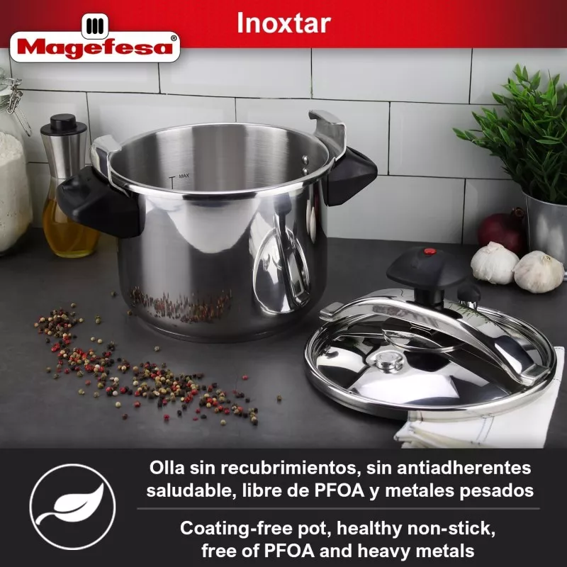 Olla a presión Magefesa Inoxtar 10L de acero inoxidable para inducción, diseño moderno sin recubrimientos.