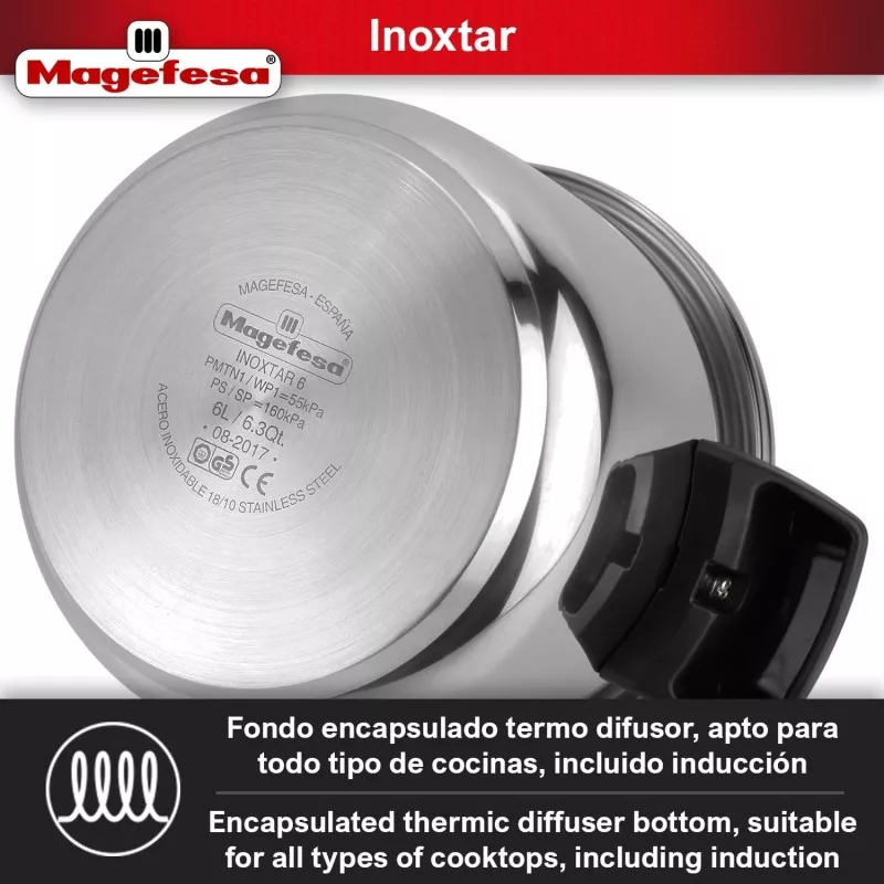 Olla a presión Magefesa Inoxtar 10L de acero inoxidable con fondo difusor apto para inducción y otros tipos de cocinas