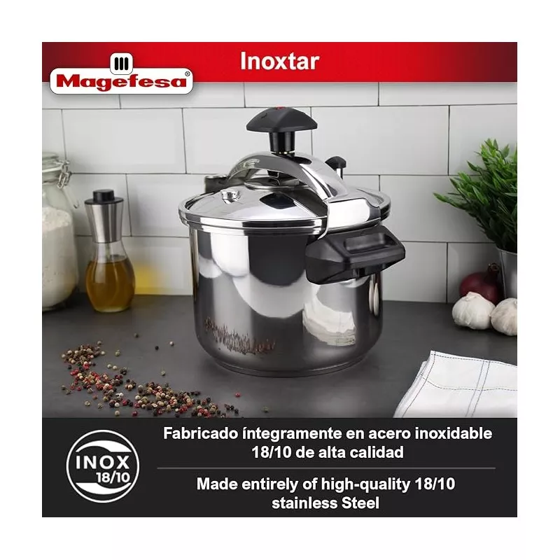 Olla a presión Magefesa Inoxtar 10L de acero inoxidable brillante con tapa de seguridad y diseño moderno.