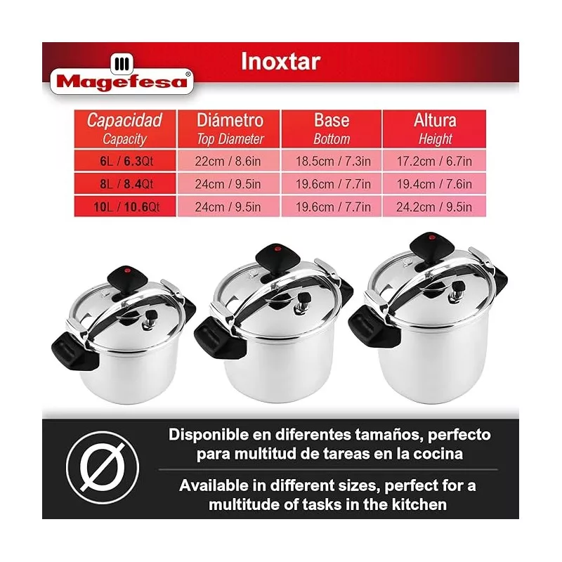 Olla a presión Magefesa Inoxtar 10L acero inoxidable con diseño brillante y tapa de seguridad para inducción.