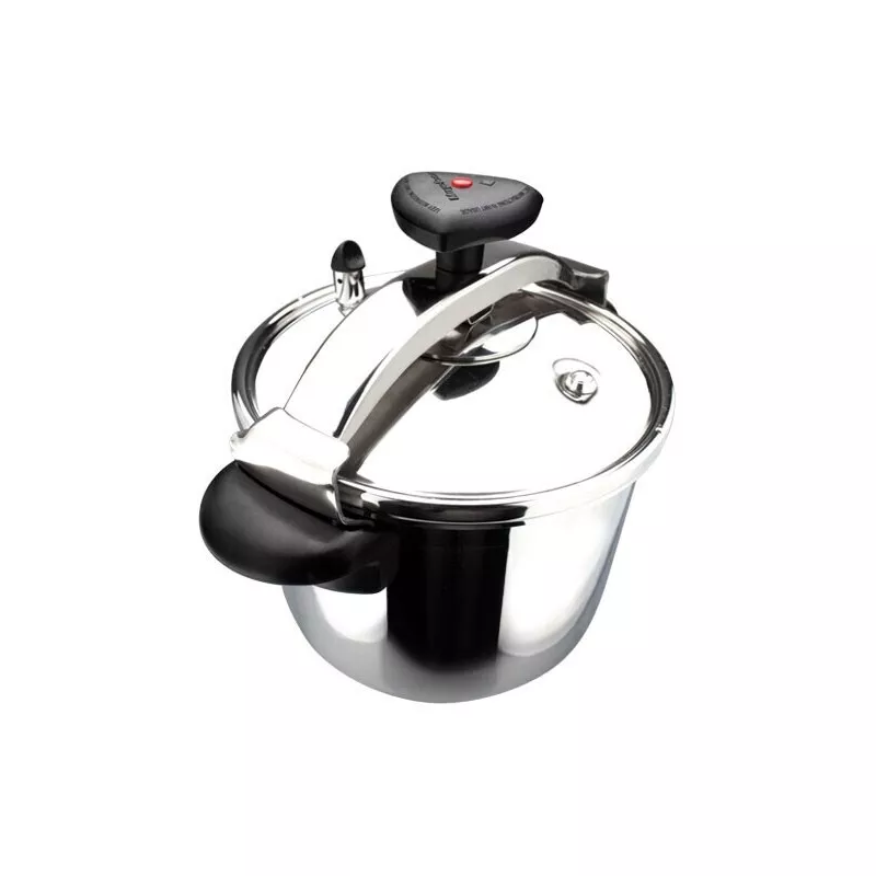 Olla a presión Magefesa Star 12L de acero inoxidable, inducción, diseño de acabado pulido y mango ergonómico.
