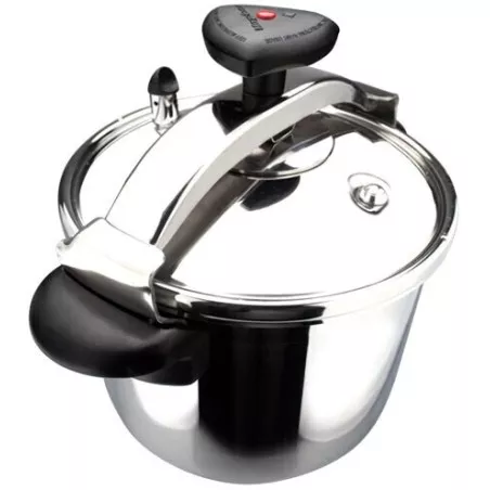 Olla a presión Magefesa Star 12L de acero inoxidable, inducción, diseño de acabado pulido y mango ergonómico.