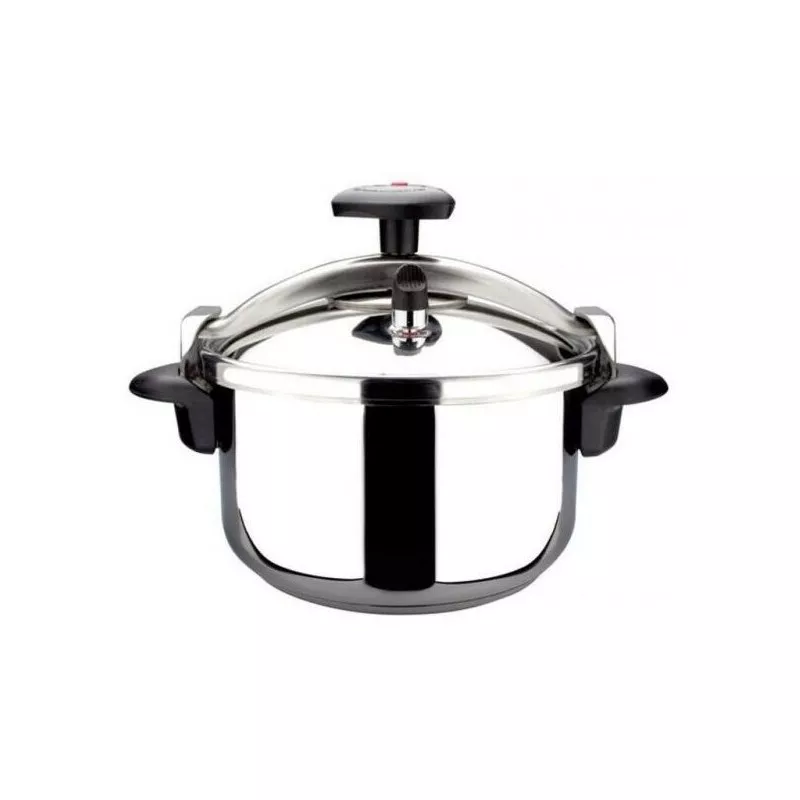 Olla a presión Magefesa Star 12L de acero inoxidable para inducción, diseño elegante y seguro con asas resistentes.