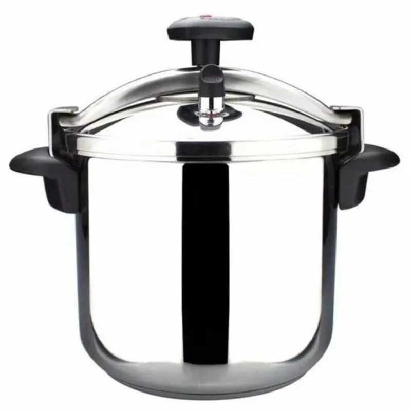 Olla a presión Magefesa Star 12L de acero inoxidable con diseño inductivo y acabados pulidos, práctica y duradera.