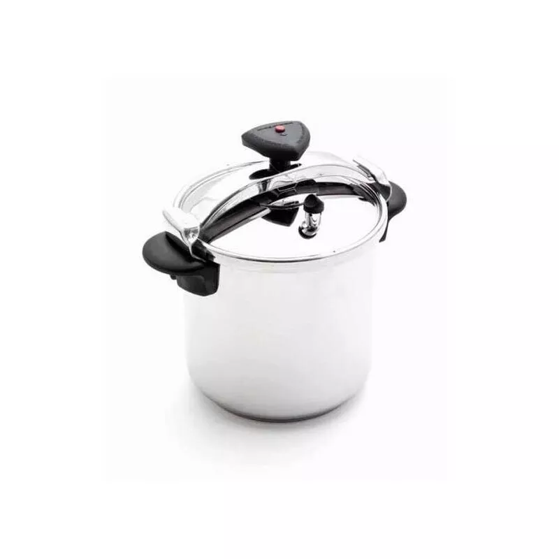 Olla a presión Magefesa Star 12L de acero inoxidable con diseño intuitivo y tapa de seguridad.