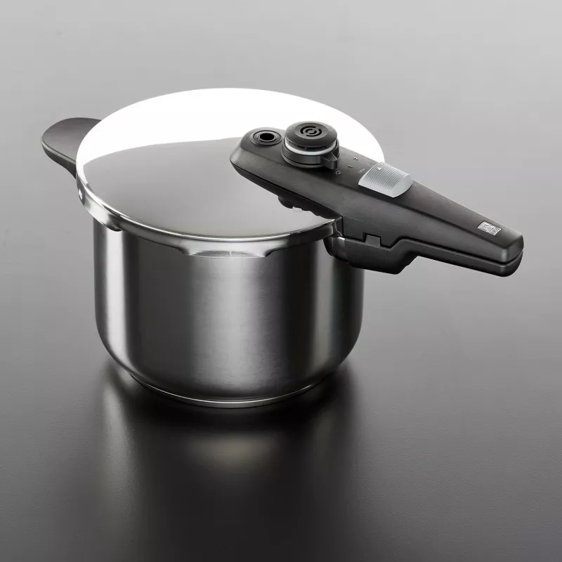 Olla a presión BRA Active Pro 4L de acero inoxidable con diseño inducción y tapa de seguridad negra.