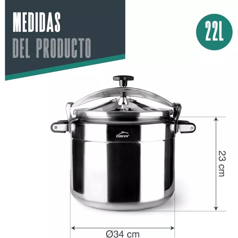 Olla a presión Lacor Pro Classic 22L de acero inoxidable con diseño robusto y válvula de seguridad para inducción