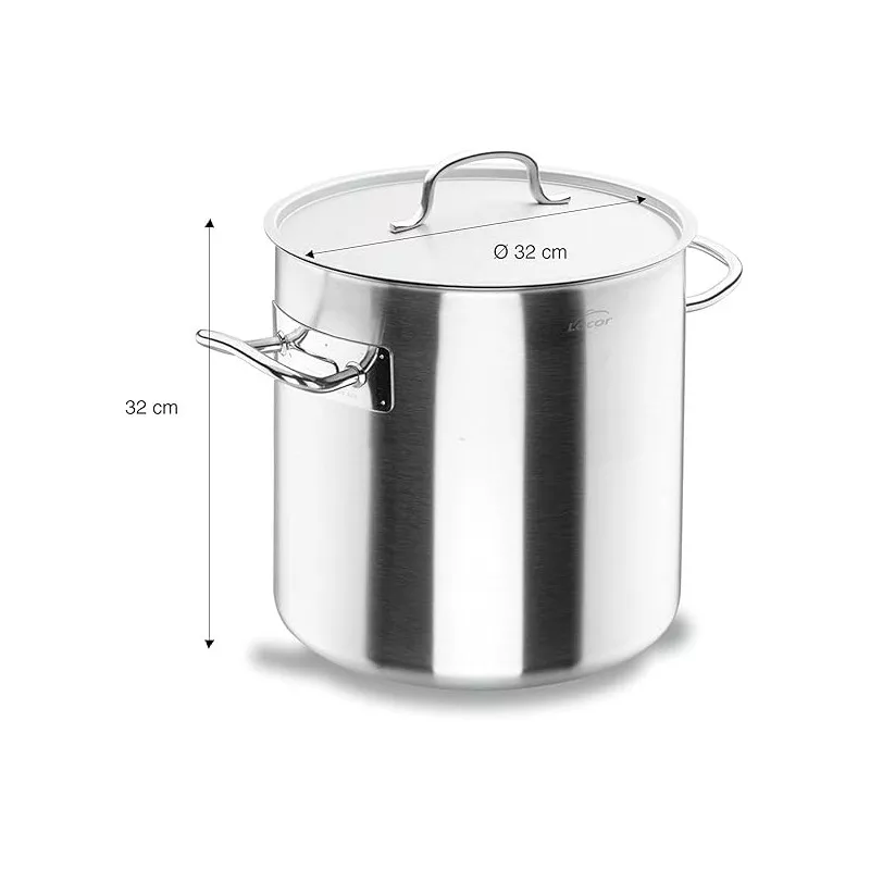 Olla Lacor Chef 32 cm 25,7L de acero inoxidable para inducción con acabado pulido y tapa de vidrio.