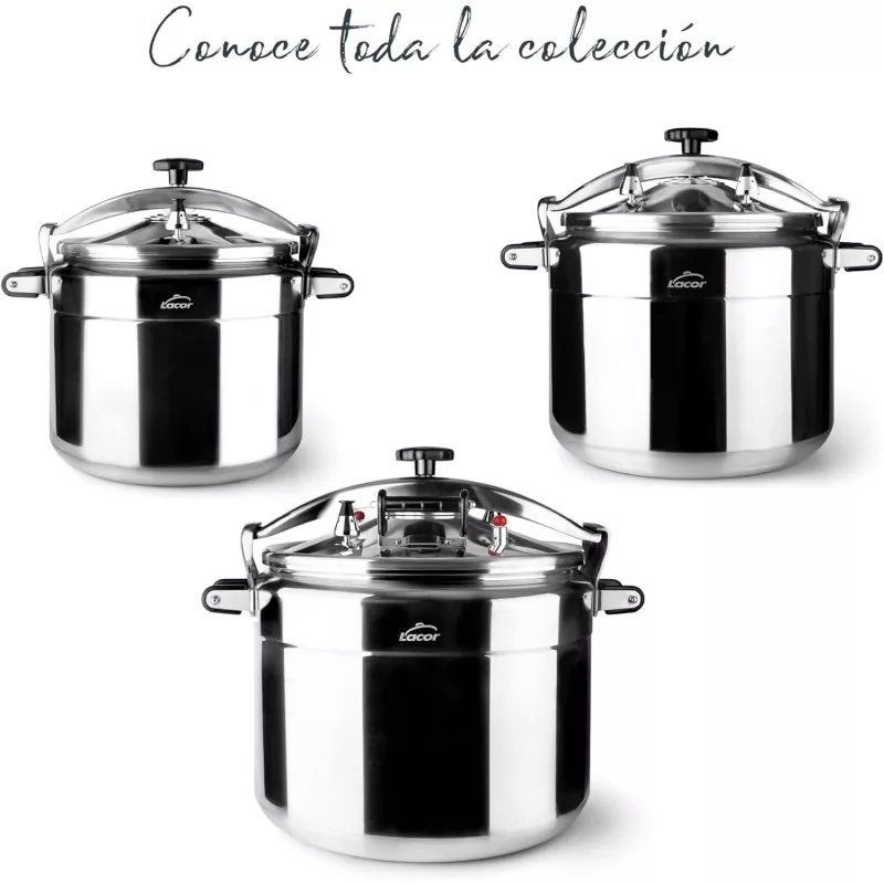 Olla a presión Lacor Pro Classic 15L de acero inoxidable con diseño robusto y acabado pulido para inducción.