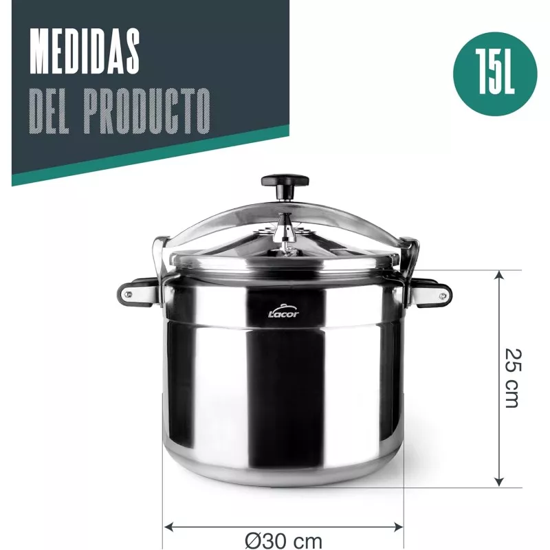 Olla a presión Lacor Pro Classic 15L de acero inoxidable con diseño robusto y acabado pulido para inducción