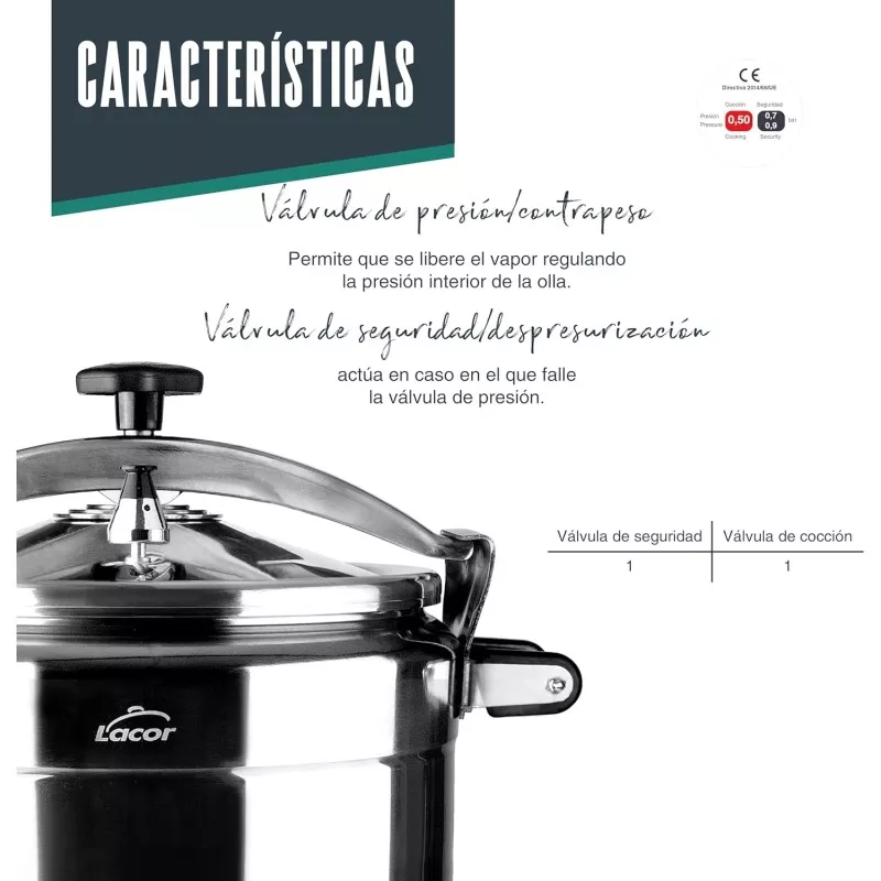 Olla a presión Lacor Pro Classic 15L acero inoxidable inducción con diseño práctico y válvula de seguridad para cocción eficient