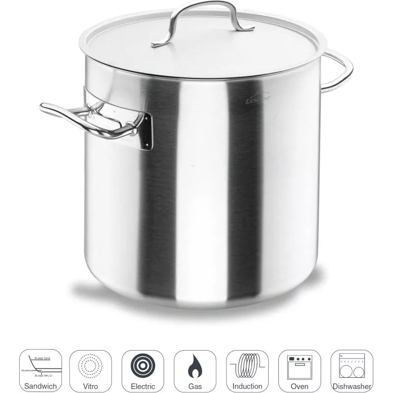 Olla Lacor Chef 36 cm 36,6L de acero inoxidable con tapa y apta para inducción y todo tipo de cocinas.