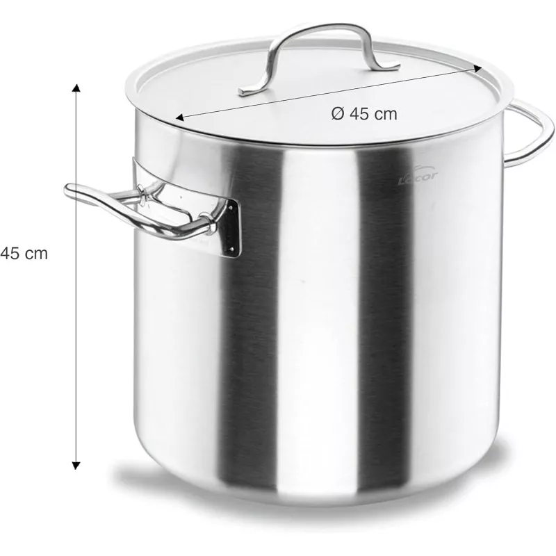 Olla Lacor Chef 45 cm 68,3L de acero inoxidable con tapa y asas, ideal para inducción y cocción eficiente