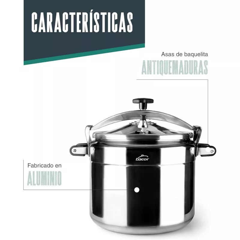 Olla a presión Lacor Pro Classic 33L de acero inoxidable y diseño funcional con asas de baquelita antitérmicas