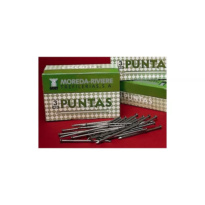 Puntas hierro cabeza plana 14x40 mm Moreda Riviere en caja de 3 kg, acabado galvanizado y resistente a la corrosión.
