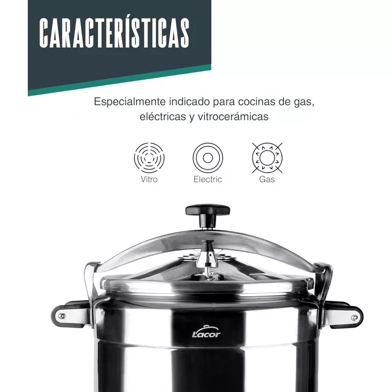 Olla a presión Lacor Pro Classic 40L acero inoxidable inducción con diseño brillante y compatible con cocinas de gas y eléctrica