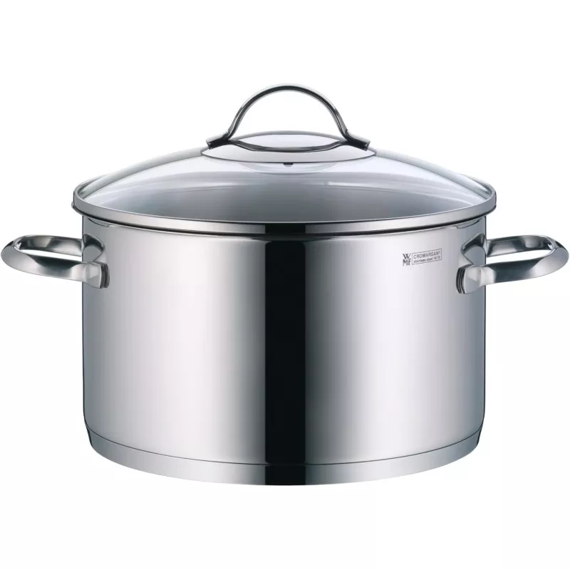 Olla baja WMF Provence Plus 24 cm, acero inoxidable brillante, compatible con inducción y tapa de cristal.