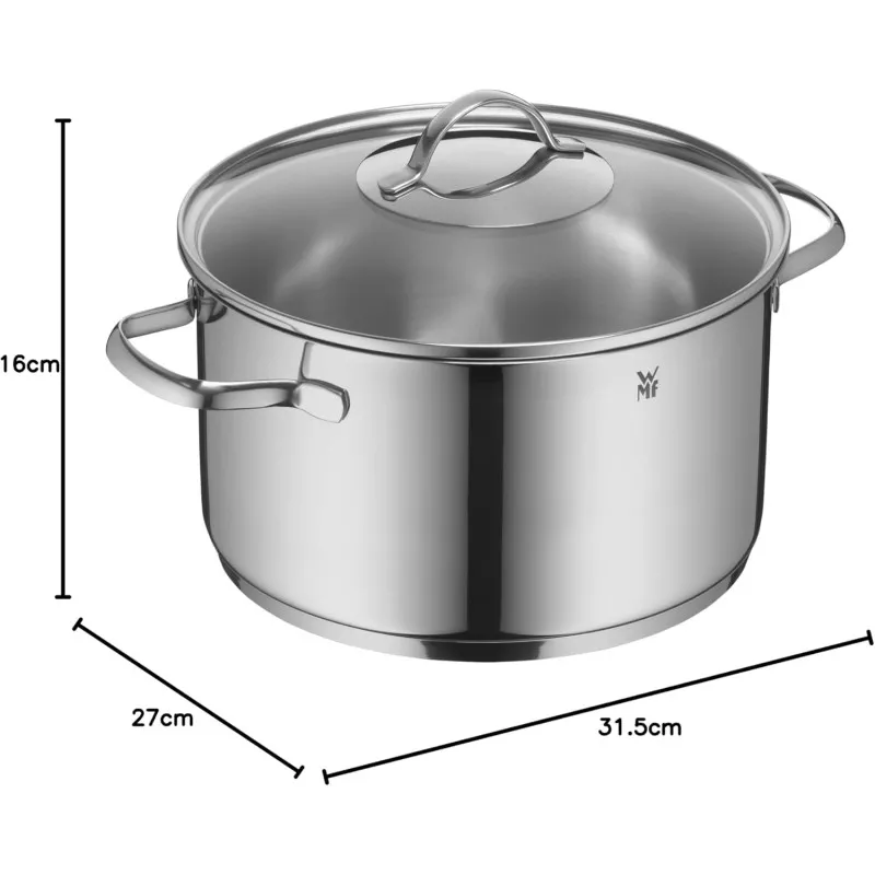 Olla baja WMF Provence Plus 24 cm acero inoxidable inducción con tapa y acabado pulido brillante.
