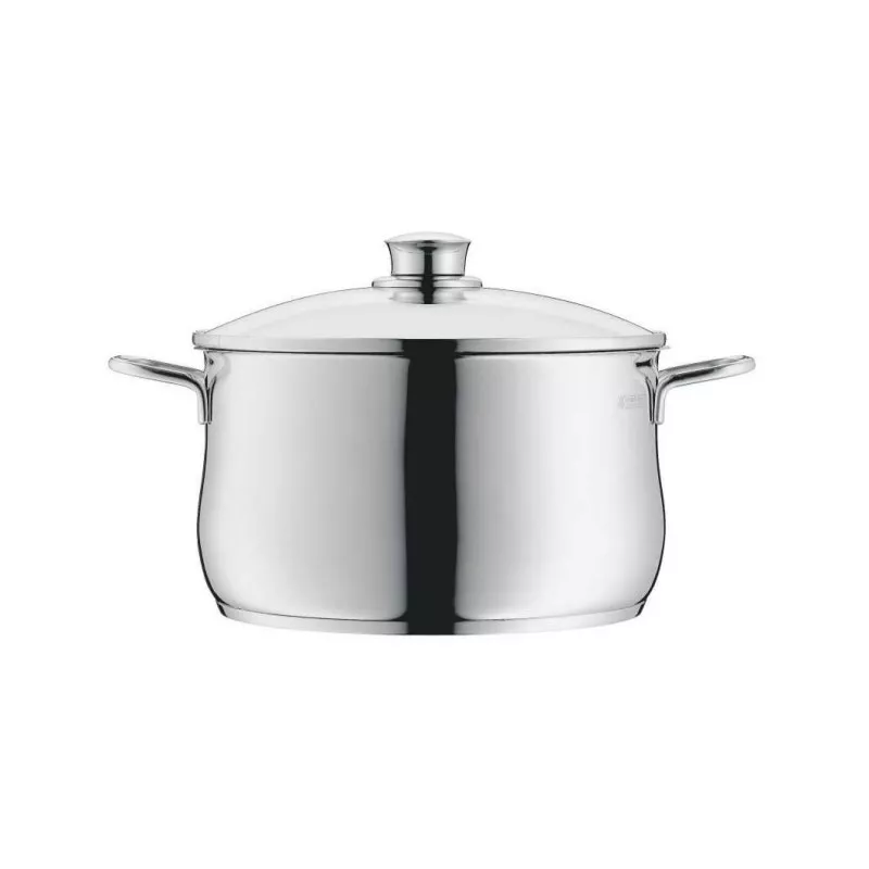 Olla baja WMF Diadem Plus 16 cm de acero inoxidable brillante, apta para inducción, con tapa y diseño elegante.