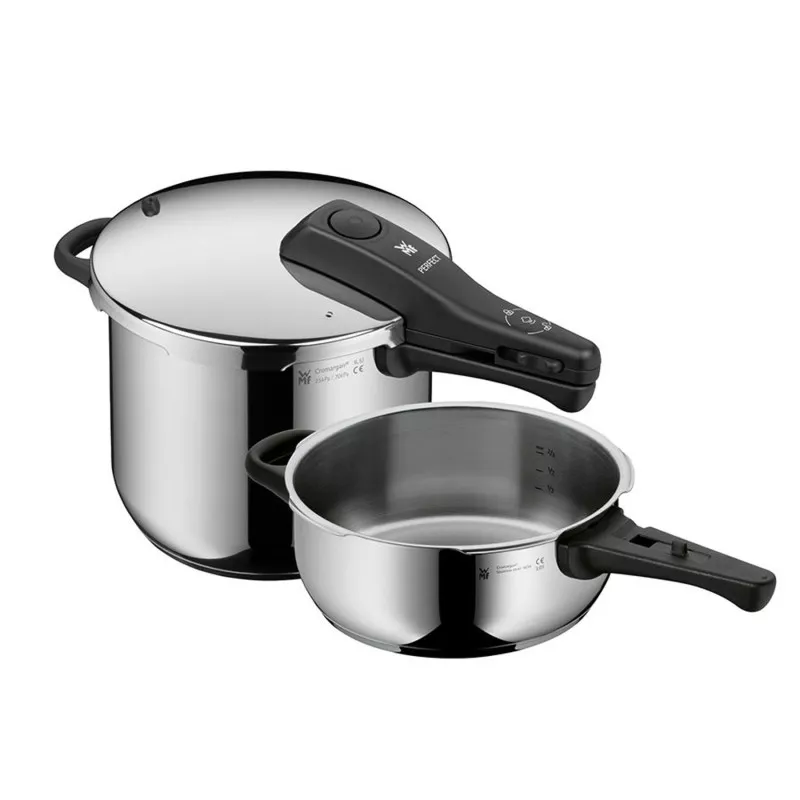 Olla a presión WMF Perfect 6,5+3 L de acero inoxidable pulido con doble capacidad y diseño práctico