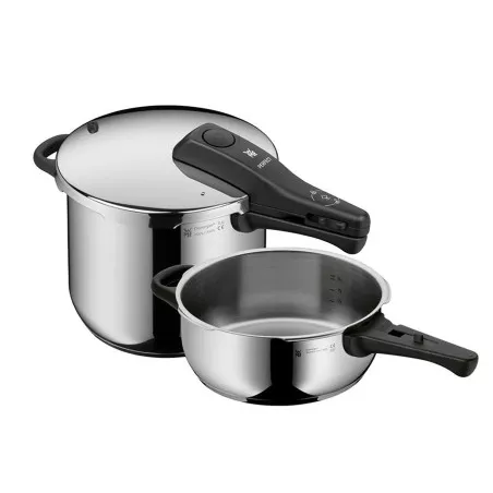 Olla a presión WMF Perfect 6,5+3 L de acero inoxidable pulido con doble capacidad y diseño práctico