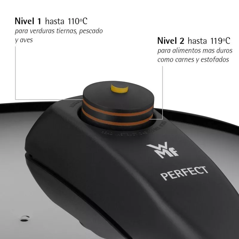 Olla a presión WMF Perfect 6,5+3 L acero inoxidable con tapa de seguridad y válvula de presión ajustable.