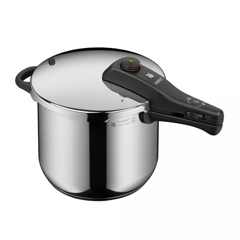 Olla a presión WMF Perfect 6,5+3 L de acero inoxidable brillante con tapa de seguridad y mango ergonómico.