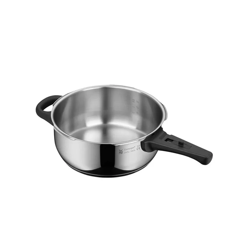 Olla a presión WMF Perfect 6,5+3 L de acero inoxidable con mango ergonómico y diseño pulido.