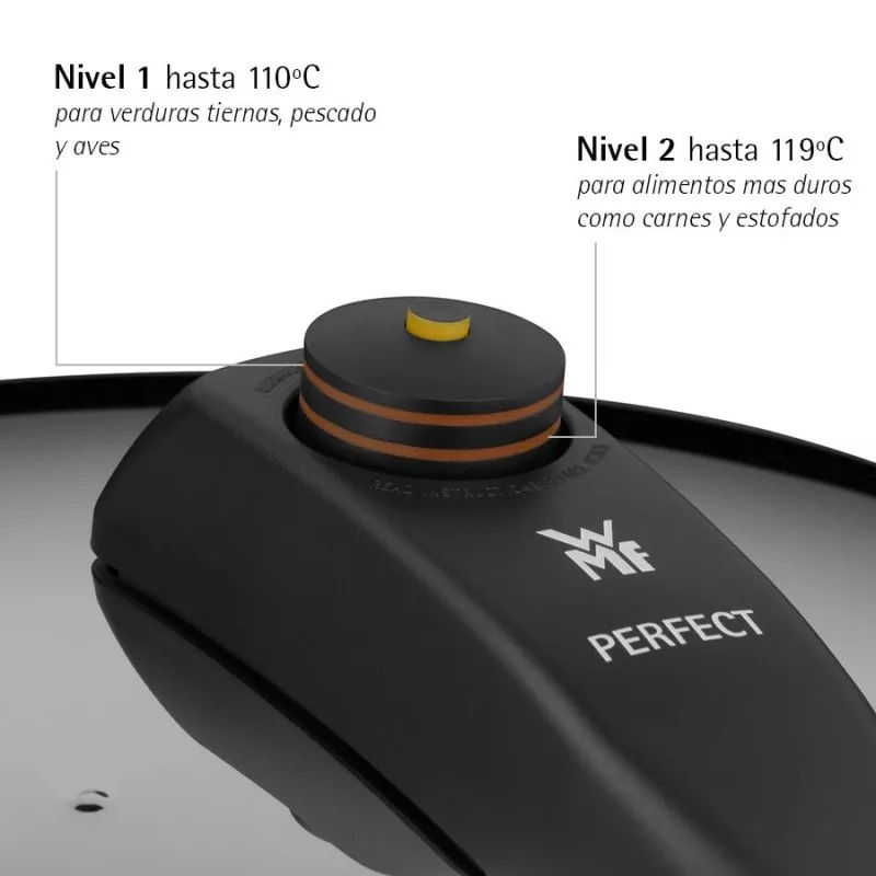 Olla a presión WMF Perfect 8,5L acero inoxidable inducción con válvula de seguridad y regulación de temperatura.