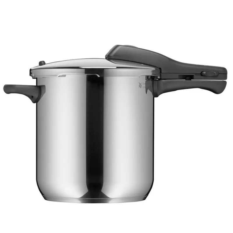 Olla a presión WMF Perfect 8,5L de acero inoxidable con diseño moderno y tapa de fácil cierre para inducción.