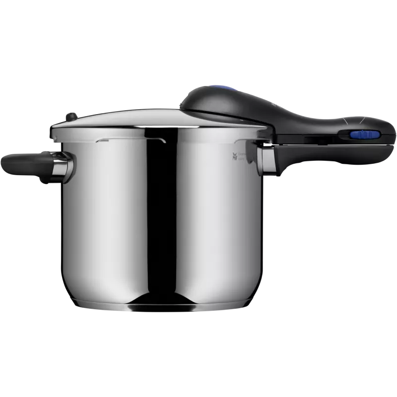 Olla a presión WMF Perfect 6,5L de acero inoxidable, inducción, diseño moderno y acabado pulido.
