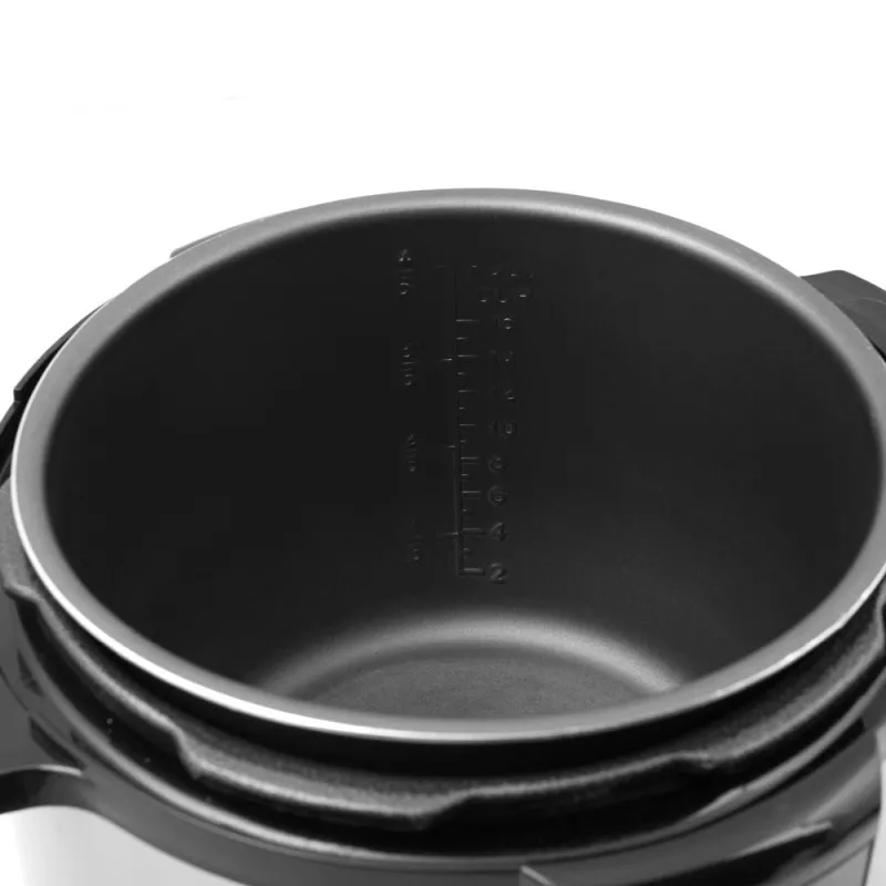 Olla eléctrica Orbegozo HPE 6075 6L programable presión con acabado antiadherente y diseño interior negro.