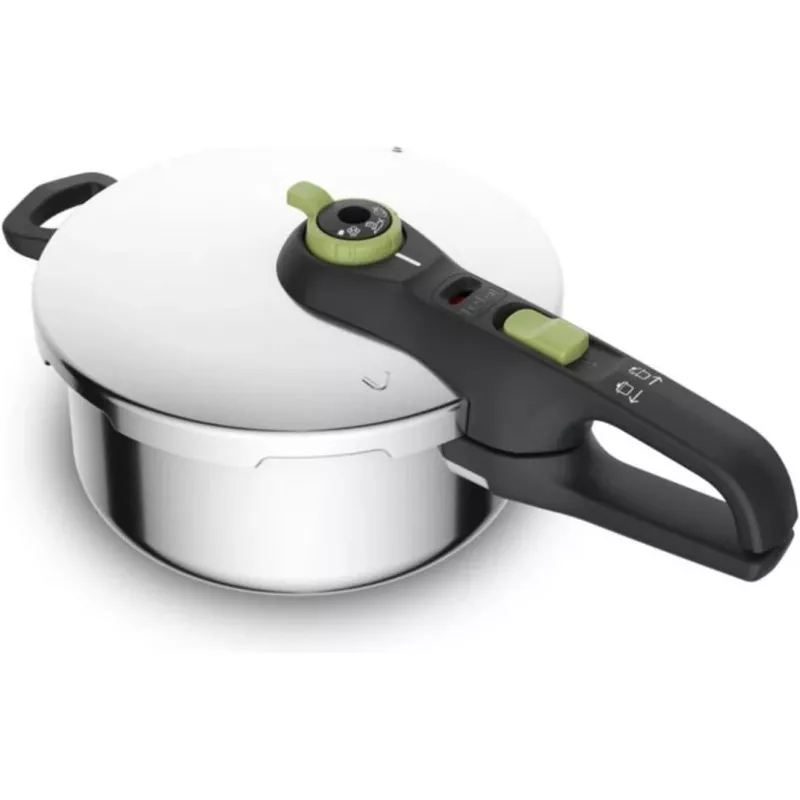 Olla a presión Tefal Secure Trendy 4L en acero inoxidable, diseño moderno con tapa de seguridad y mango ergonómico.
