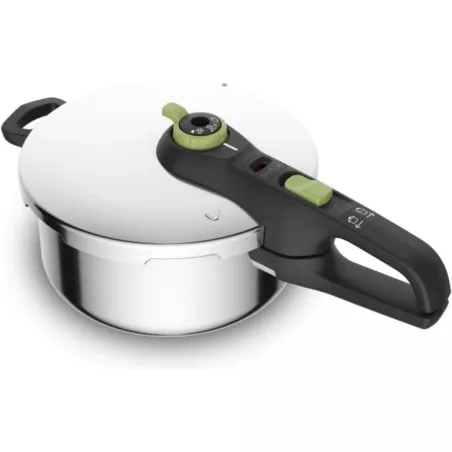 Olla a presión Tefal Secure Trendy 4L en acero inoxidable, diseño moderno con tapa de seguridad y mango ergonómico.
