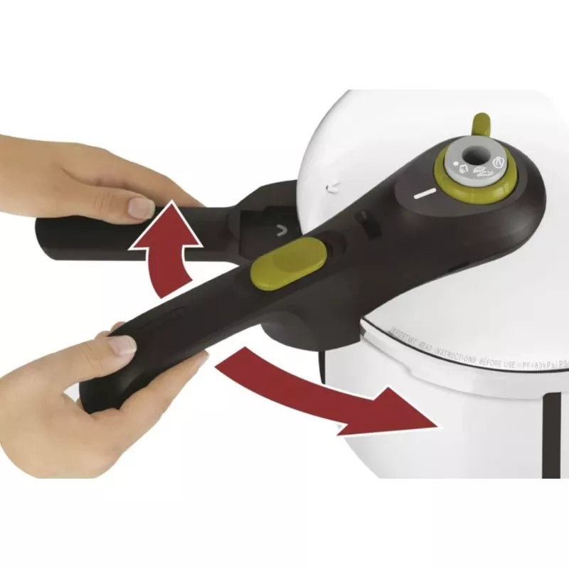 Olla a presión Tefal Secure Trendy 4L acero inoxidable con asa ergonómica y sistema de cierre seguro en negro y verde.