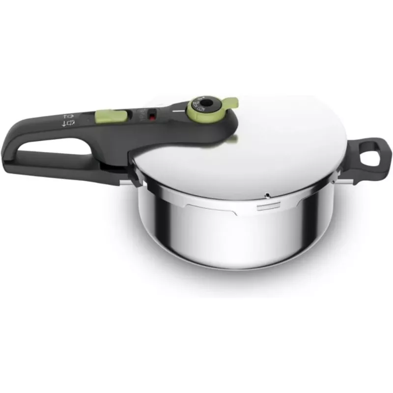 Olla a presión Tefal Secure Trendy 4L de acero inoxidable con tapa hermética y diseño moderno en color plata.