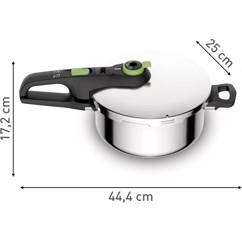 Olla a presión Tefal Secure Trendy 4L acero inoxidable con diseño moderno y manija ergonómica para un uso seguro.