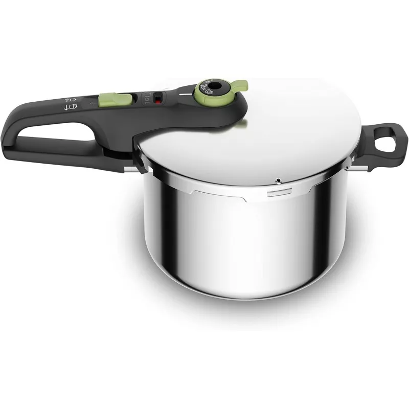 Olla a presión Tefal Secure Trendy 6L de acero inoxidable con acabado brillante y diseño seguro.