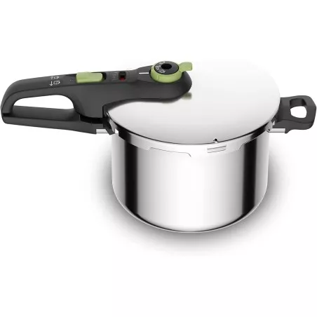 Olla a presión Tefal Secure Trendy 6L de acero inoxidable con acabado brillante y diseño seguro.