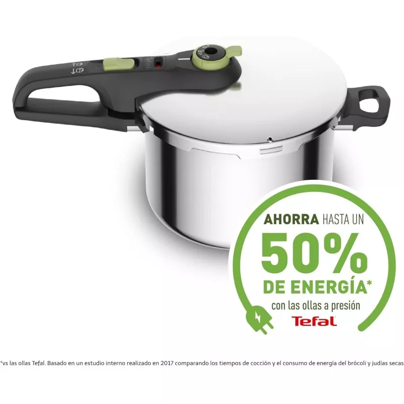 Olla a presión Tefal Secure Trendy 6L de acero inoxidable con tapa hermética y mango ergonómico antideslizante