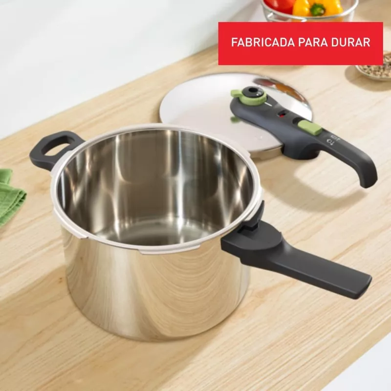 Olla a presión Tefal Secure Trendy 6L acero inoxidable con asas ergonómicas y tapa hermética para cocción segura