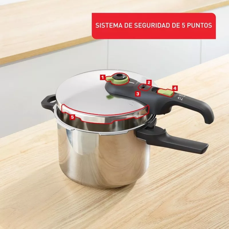 Olla a presión Tefal Secure Trendy 6L acero inoxidable con tapa hermética y sistema de seguridad de 5 puntos.