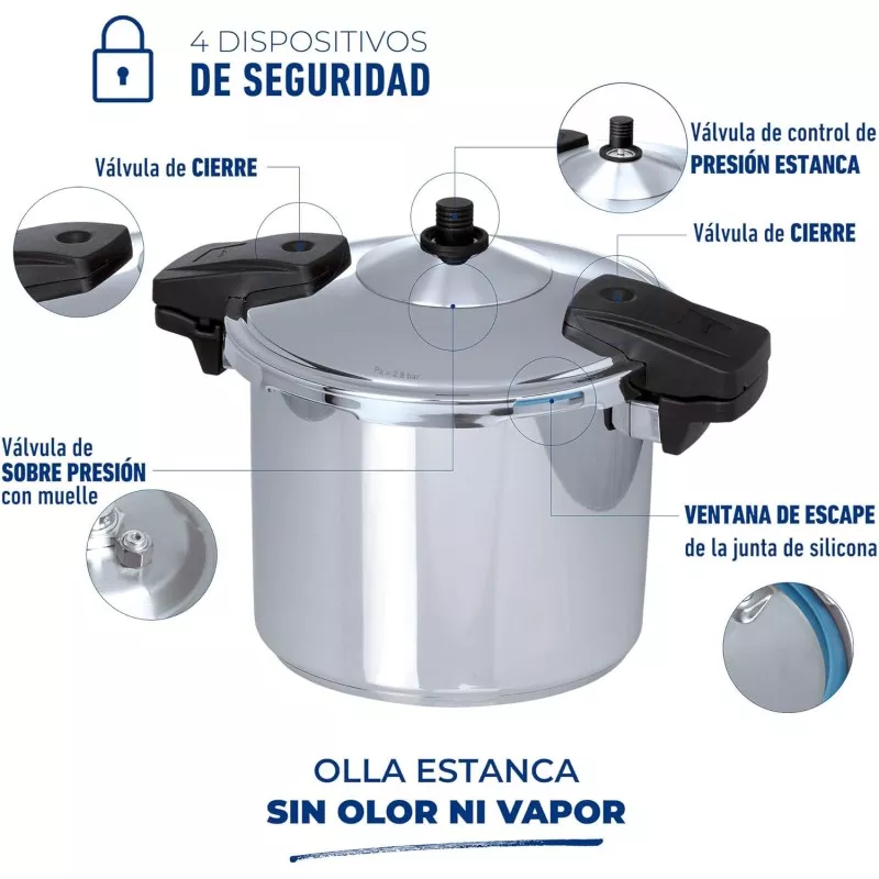 Olla rápida Jata OSR6 6L acero inoxidable inducción con sistema de seguridad y válvulas de presión estanca.