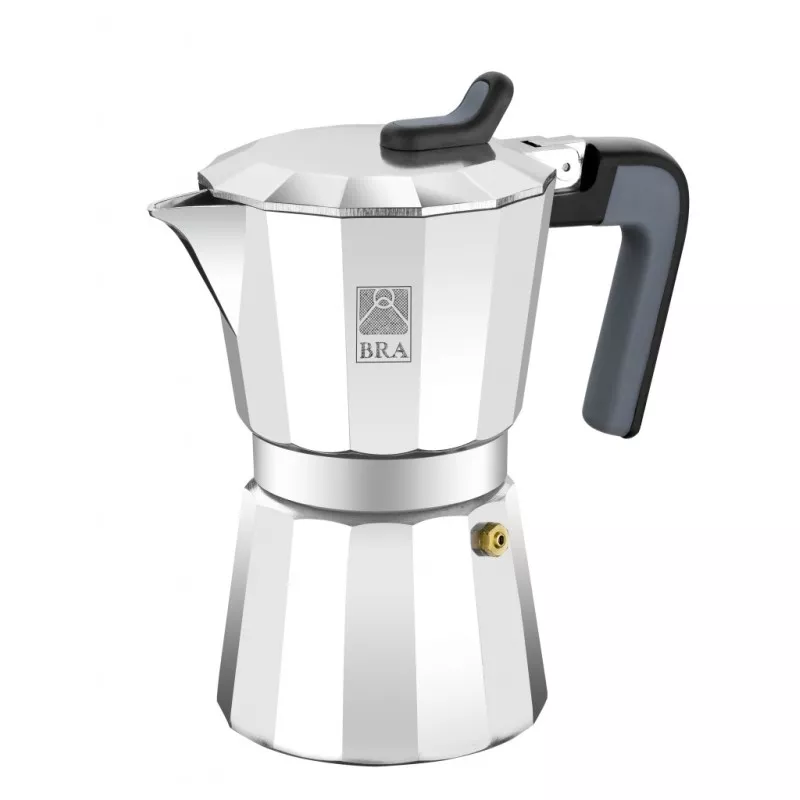 Cafetera italiana BRA Deluxe2 6 tazas aluminio con diseño pulido y mango ergonómico, ideal para preparar café.