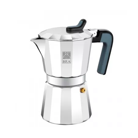 Cafetera italiana BRA Deluxe2 3 tazas aluminio con diseño pulido y mango ergonómico en color negro