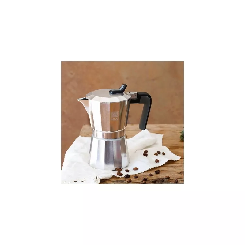 Cafetera italiana BRA Deluxe2 3 tazas de aluminio pulido con diseño octogonal y asa ergonómica