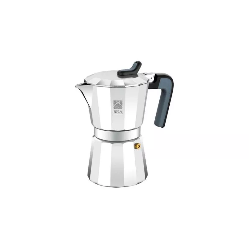 Cafetera italiana BRA Deluxe2 12 tazas de aluminio pulido con mango ergonómico y diseño clásico.